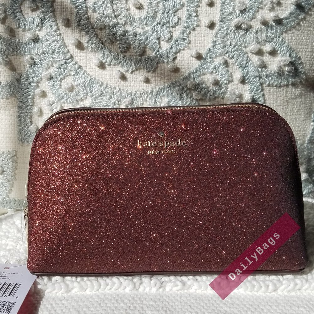 SHIMMY KATE SPADE  BURGUNDY GLITTER COSMETIC DOME IN DEEP NOVA SPARKLES IN SUN